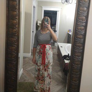 striped and floral 3/4 length sleeve long dress